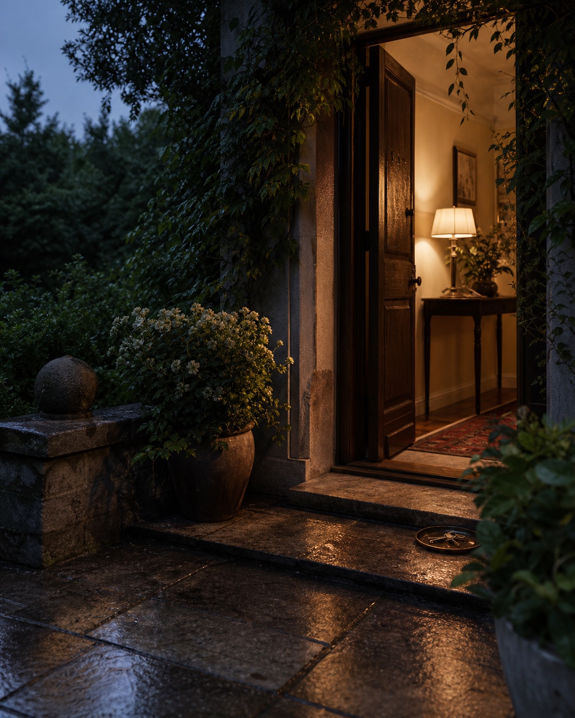 A cared-for home entrance glowing at blue hour.