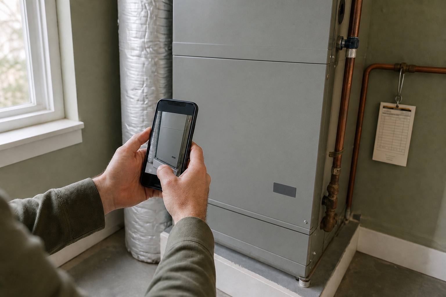 An owner safely photographs the closed exterior of an HVAC system.